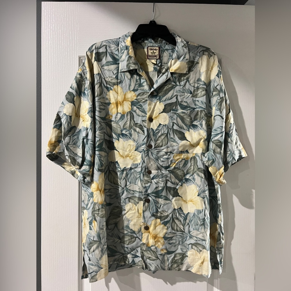 Tommy Bahama Men's Floral Hawaiian 100% Silk Shirt XL Yellow‎ Green Floral